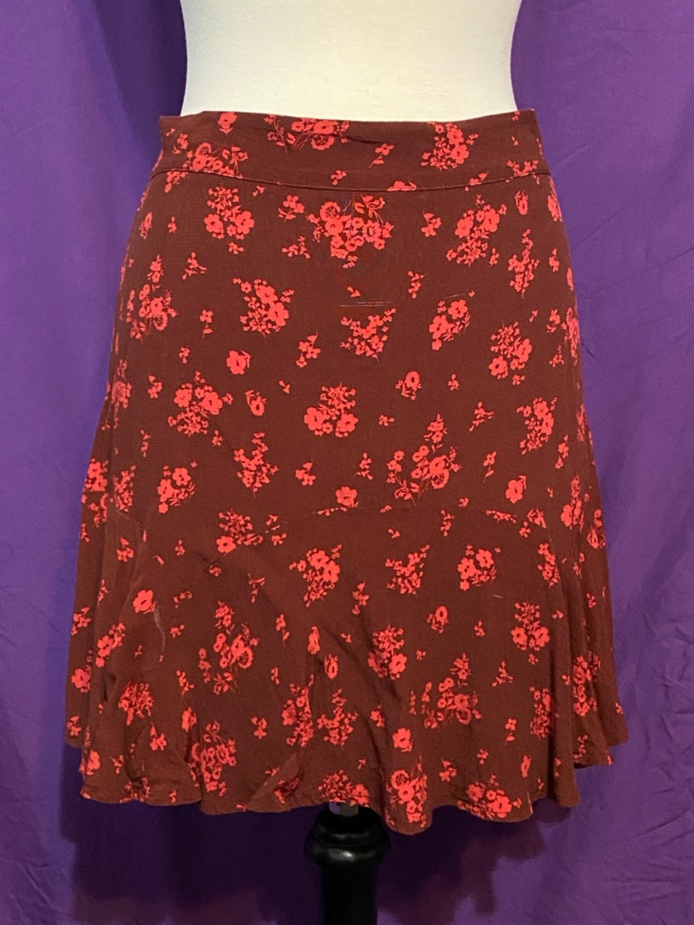 Free People Burgundy “Ryanne”Skirt with Red Floral Print. Size 8.